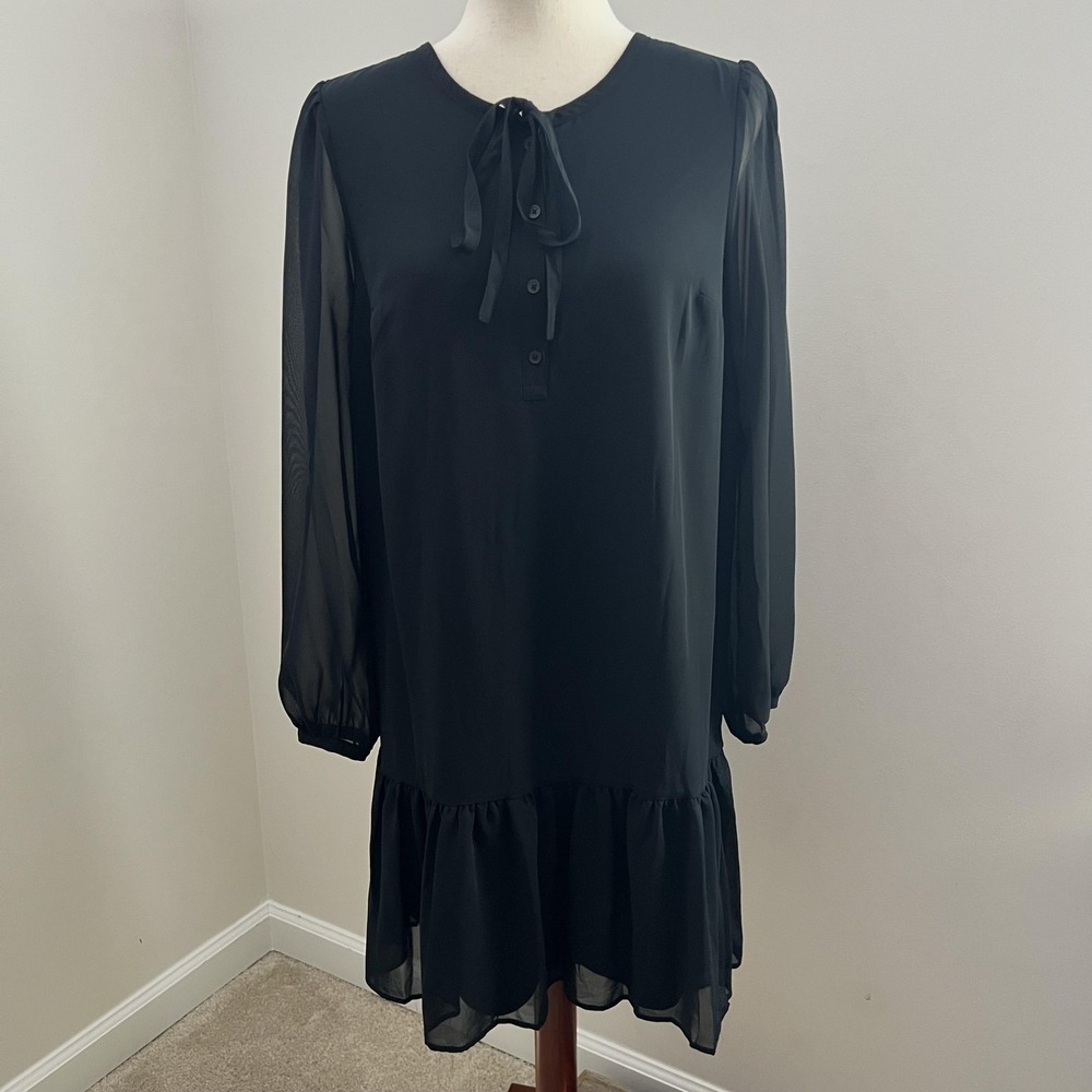 Draper‎ James Black Chiffon Drop Waist Ruffle Mini Dress Sheer Sleeve Small